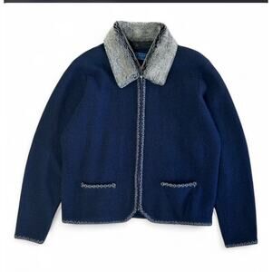 VTG Karen Scott Pure Wool Sweater Women’s Navy Blue Fur Collar Size L Australia